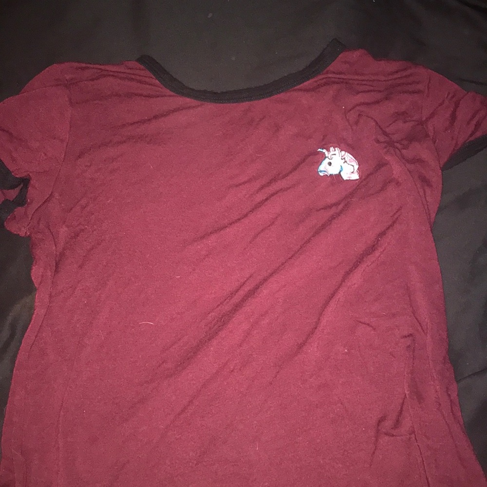 maroon french pastry unicorn embroidered shirt
